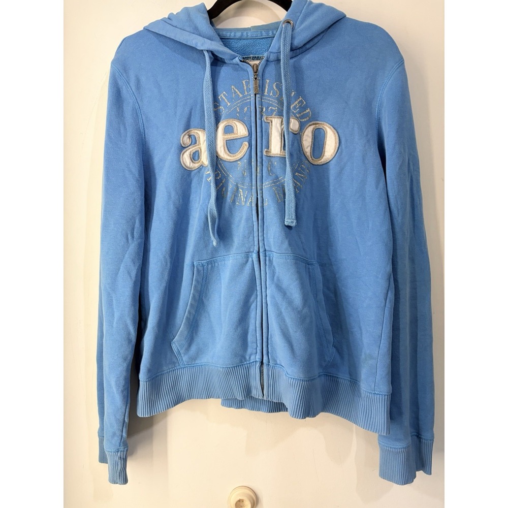 Y2K Aéropostale Blue Full Zip Hoodie Aero Spellout Logo Graphic Womens XL